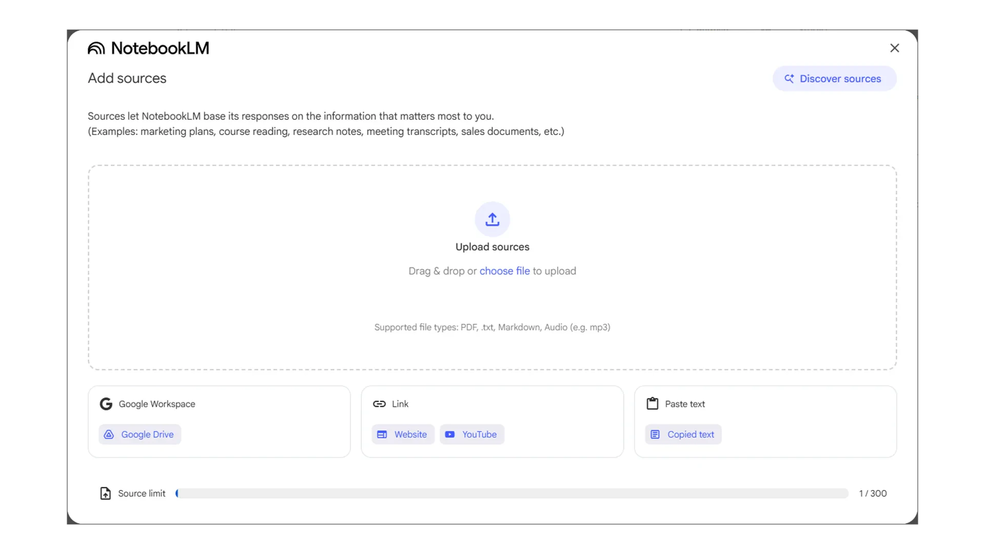 NotebookLM Sources Panel