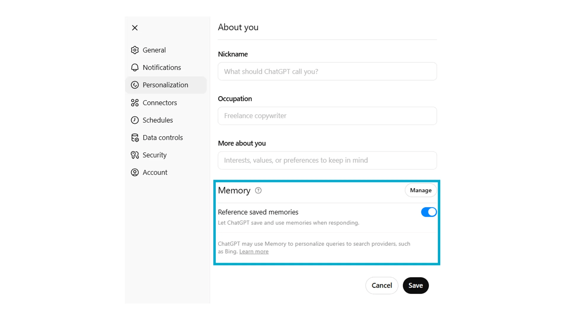 Manage Memory ChatGPT Manage Memory panel