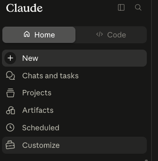 Claude sidebar with the Customize entry