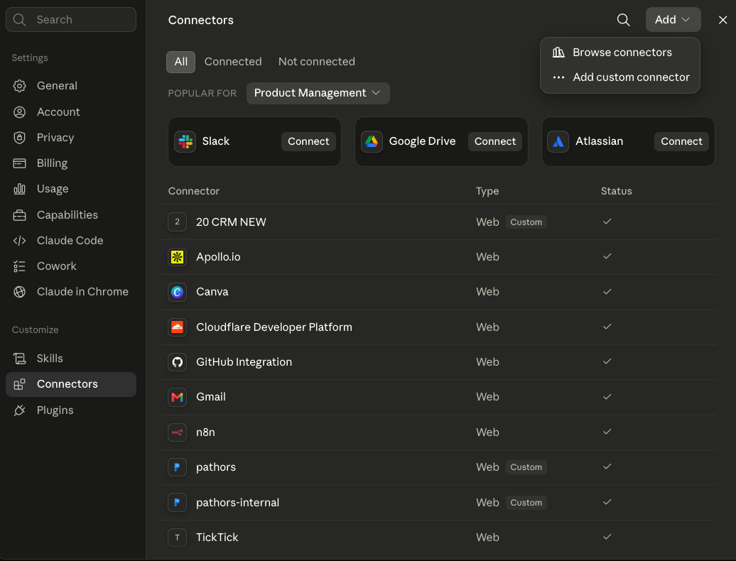 Connectors settings page with the Add custom connector menu open