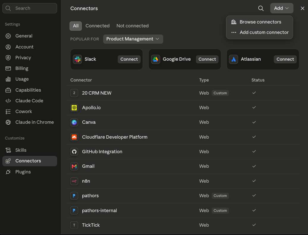 Connectors settings page with the Add custom connector menu open