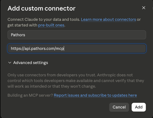 Add custom connector dialog filled in with the Pathors MCP server URL