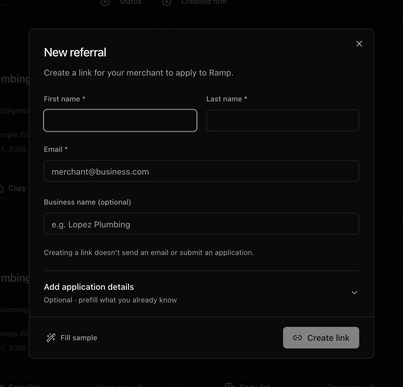 The new referral dialog with applicant and prefill fields