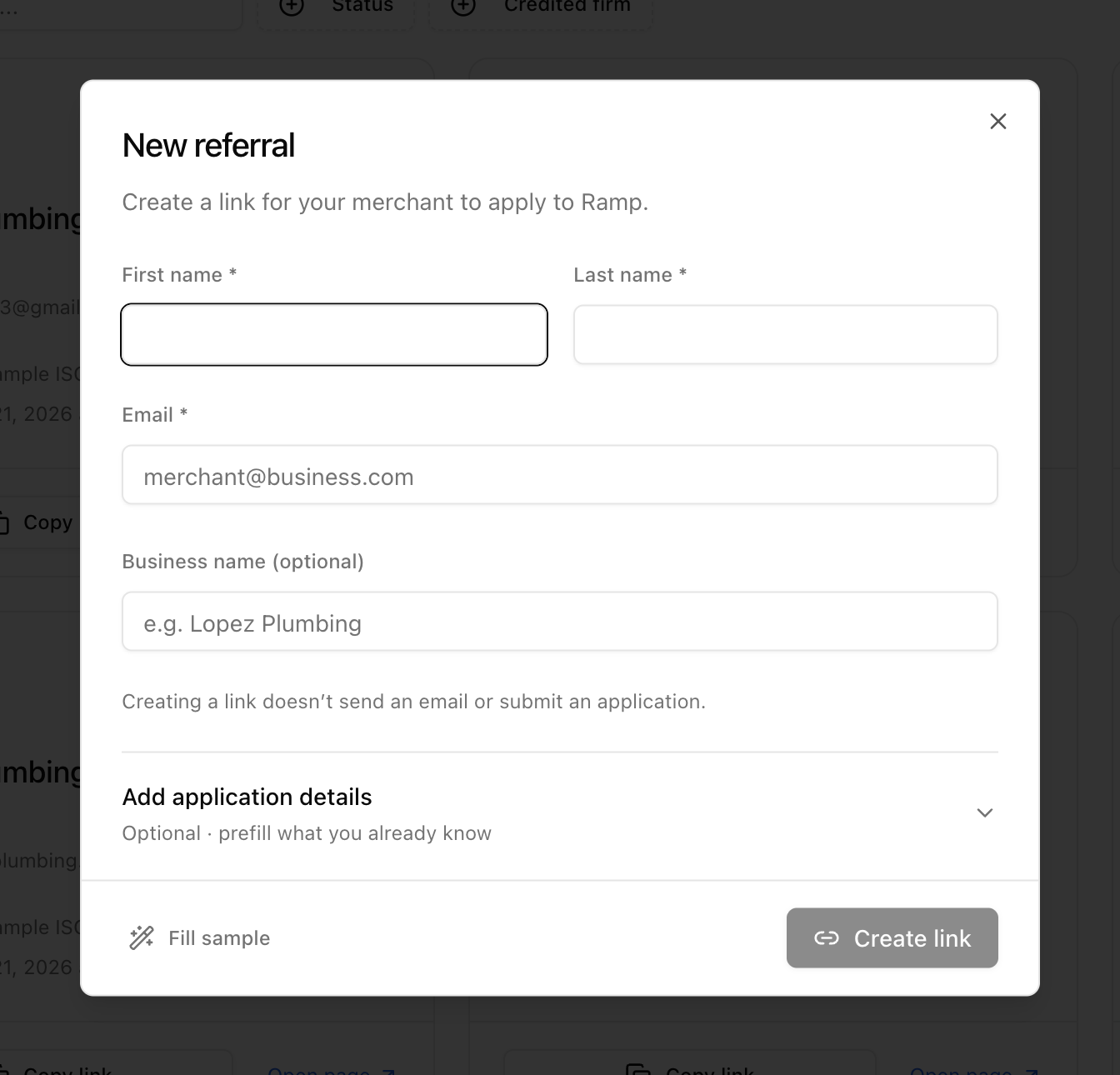 The new referral dialog with applicant and prefill fields
