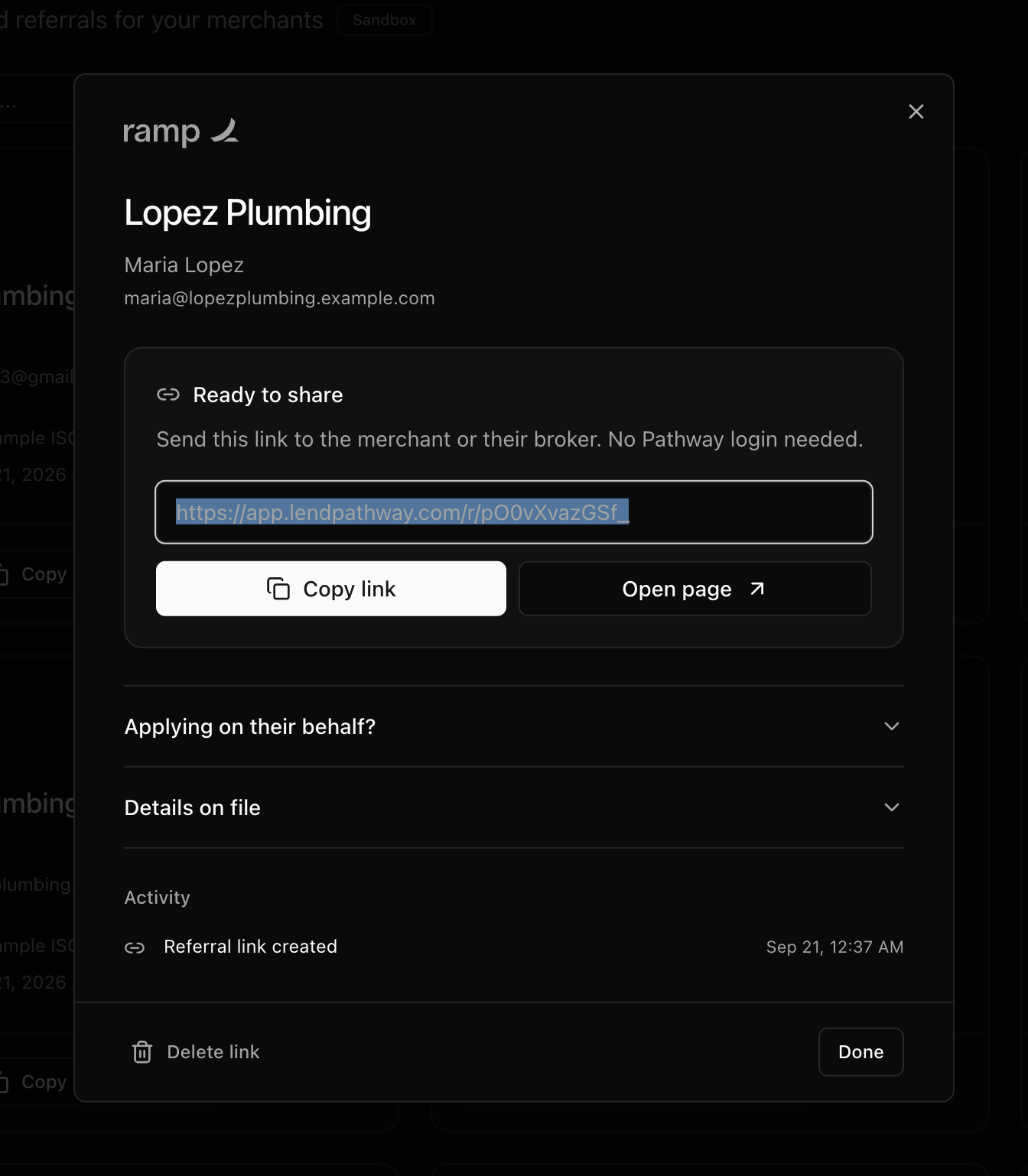 A referral with its shareable link and copy button