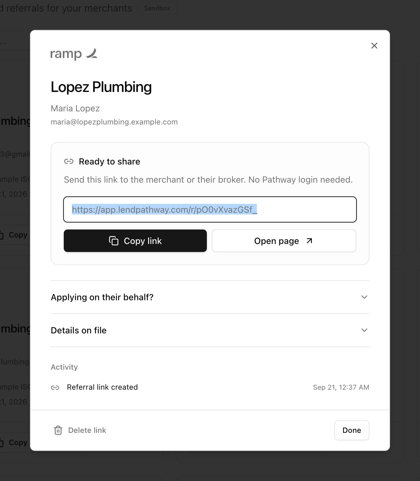 A referral with its shareable link and copy button