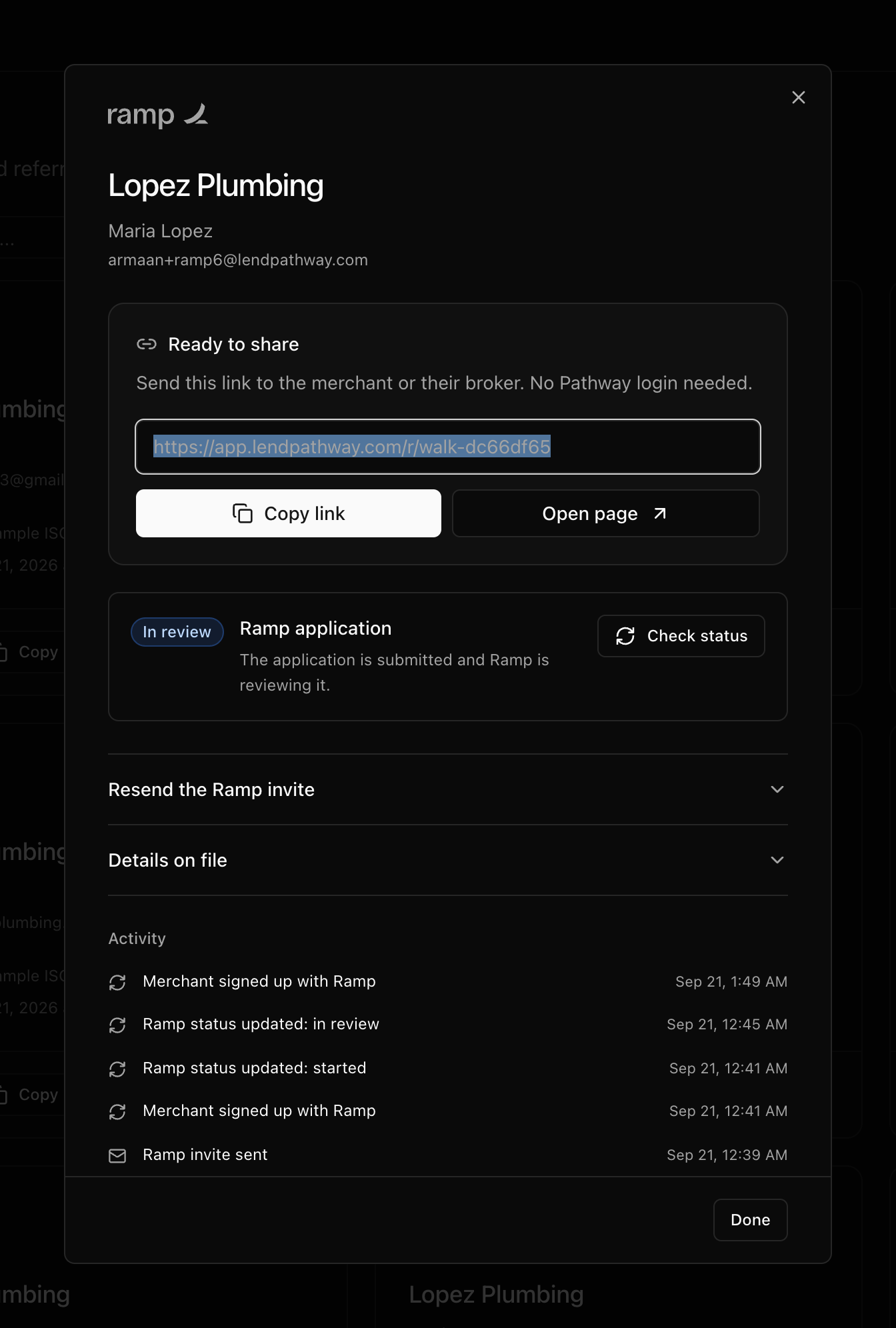 A referral showing Ramp's application status