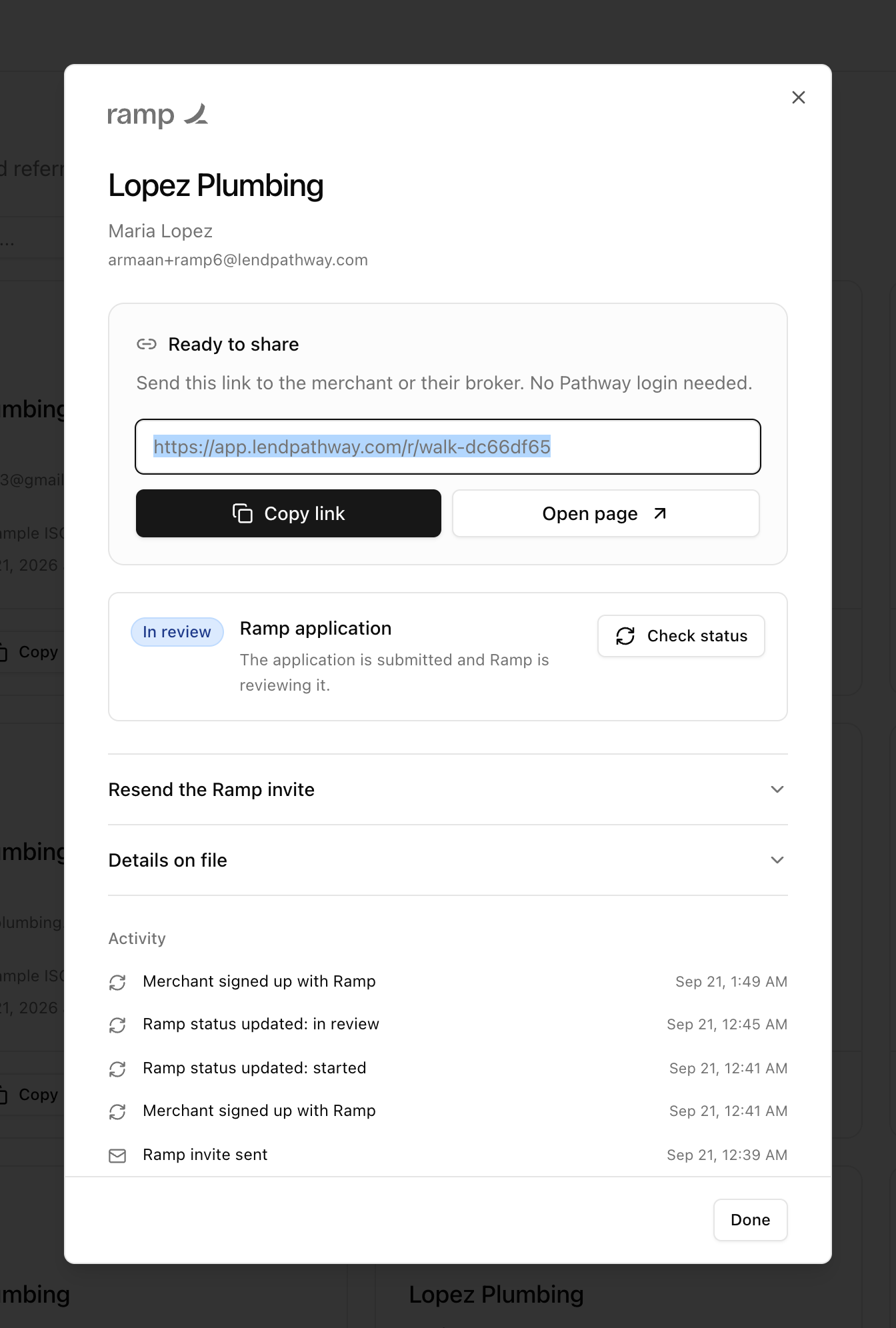 A referral showing Ramp's application status