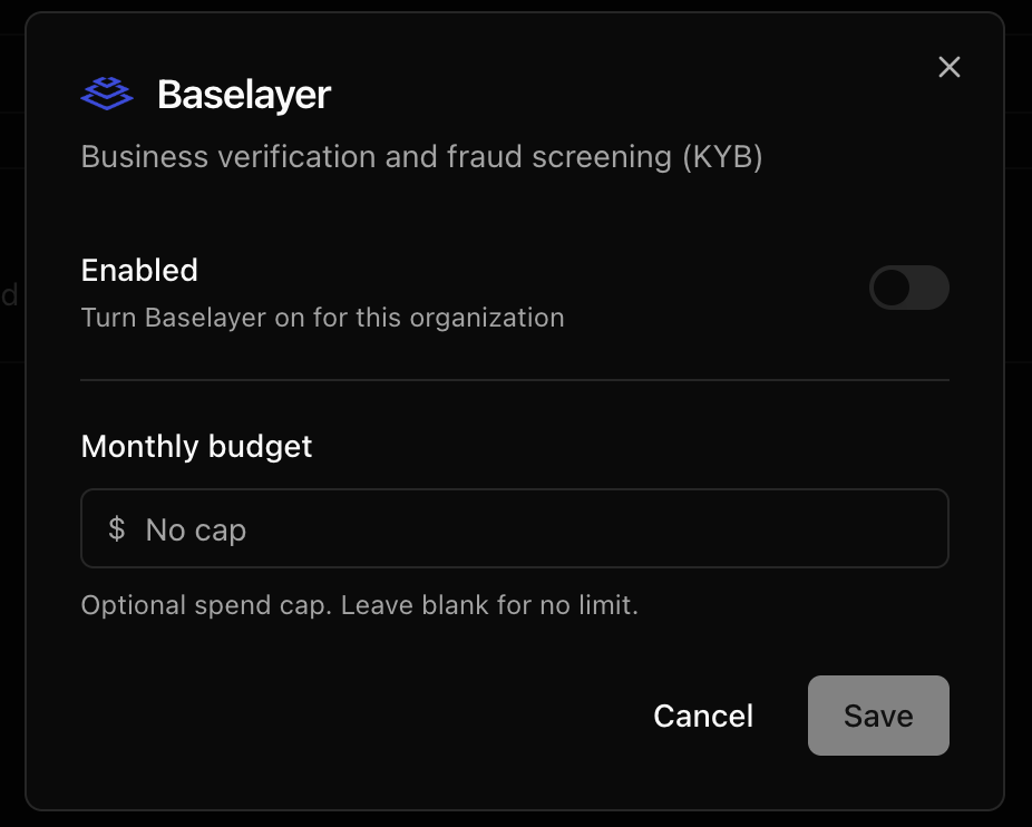 Baselayer settings modal with Enabled and Monthly budget