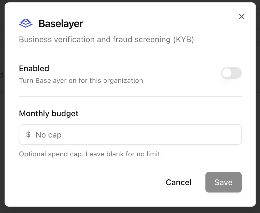 Baselayer settings modal with Enabled and Monthly budget
