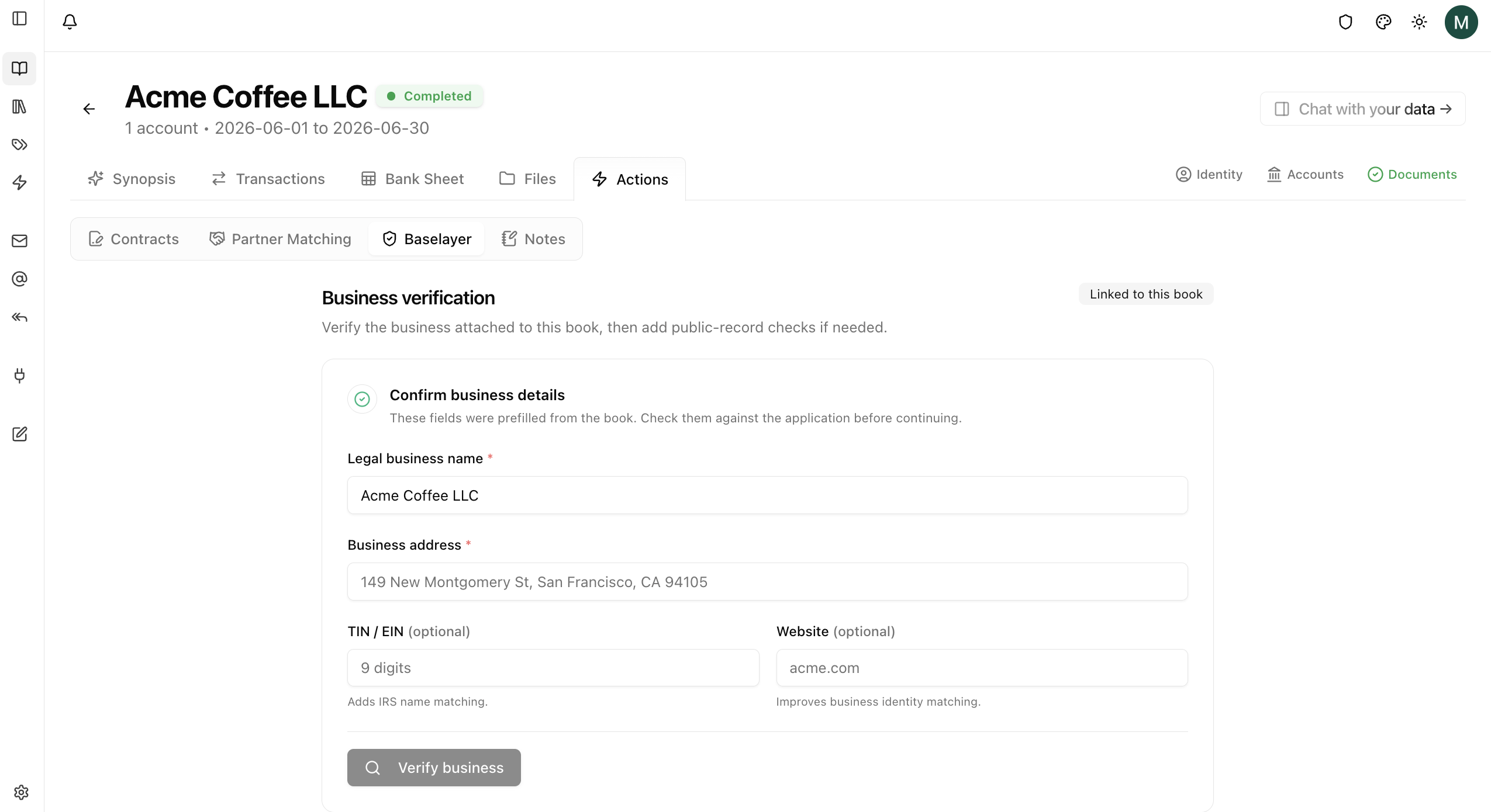 Baselayer business verification form on a book