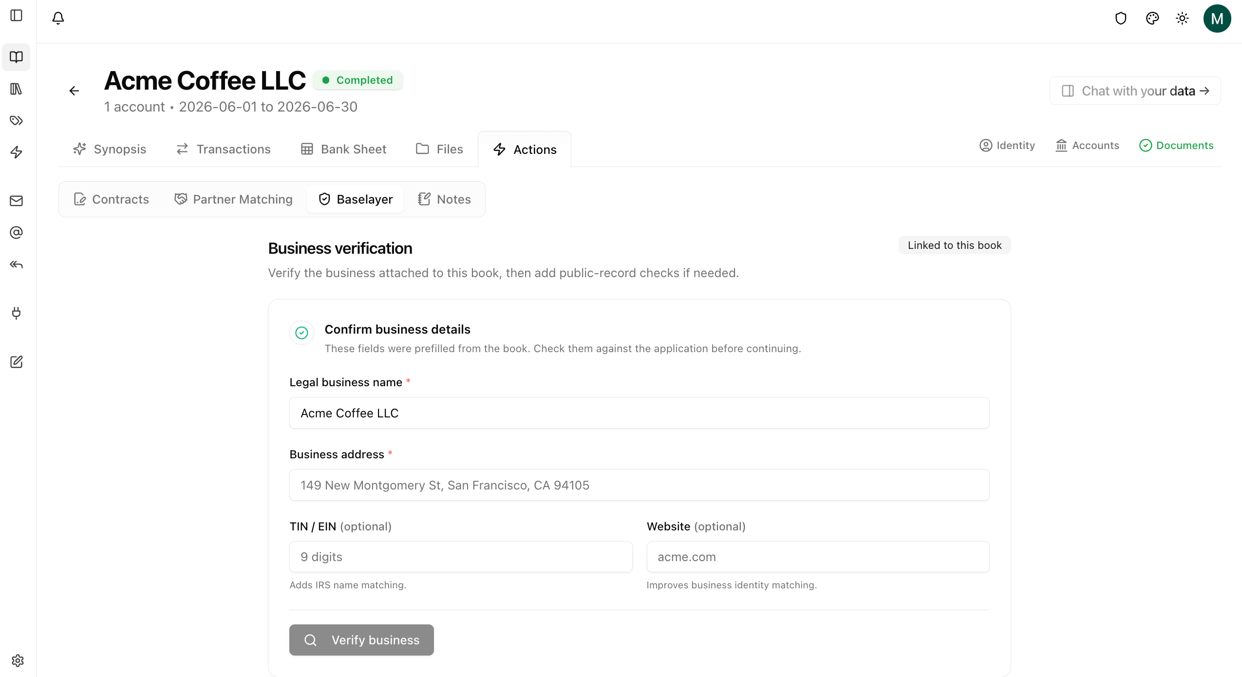Baselayer business verification form on a book