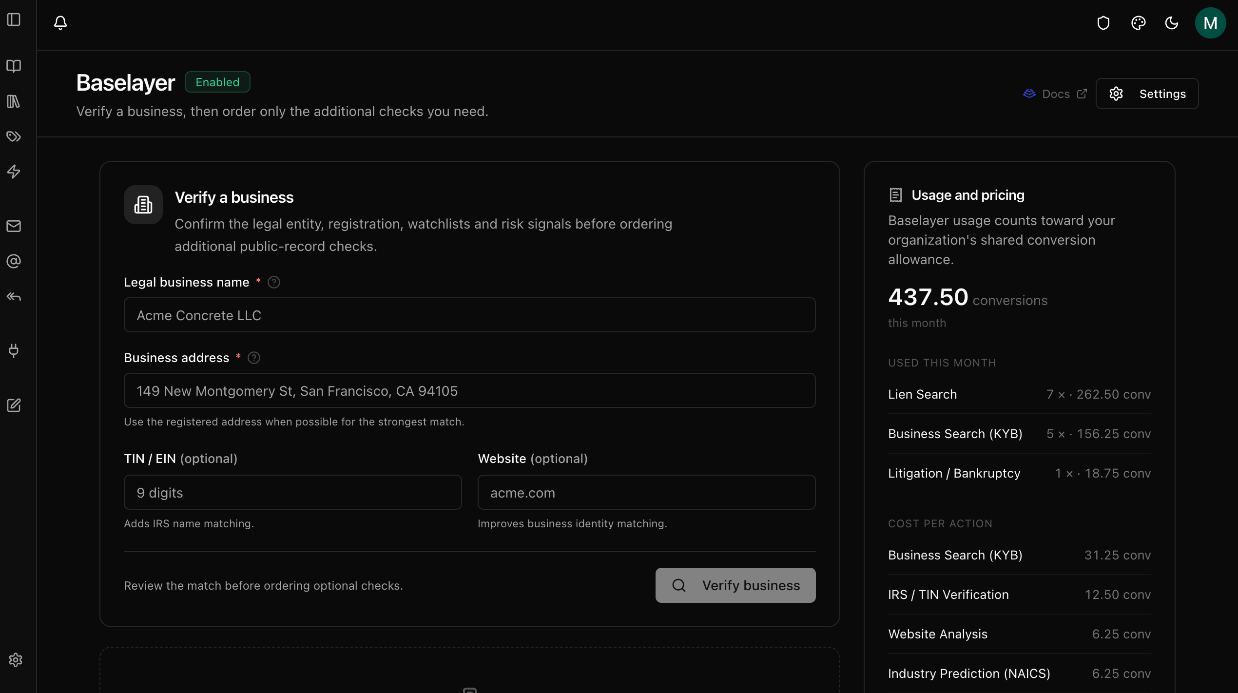 Standalone Baselayer verify page with usage sidebar