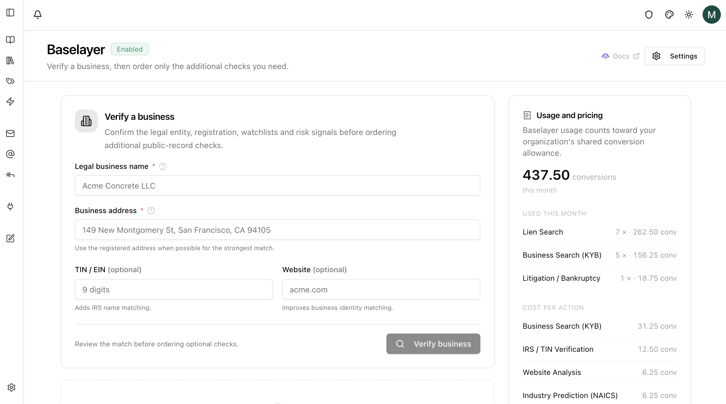 Standalone Baselayer verify page with usage sidebar