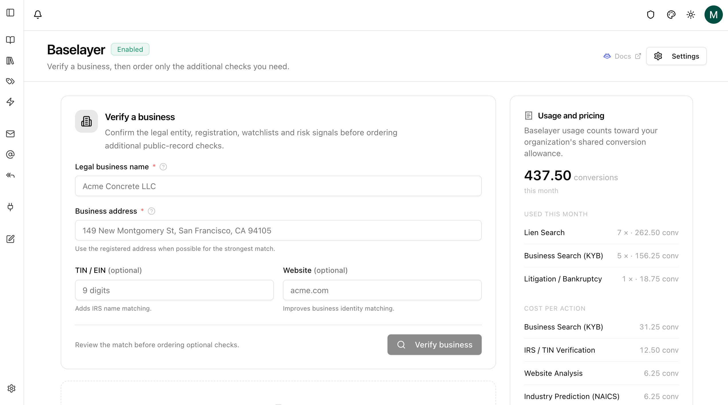 Standalone Baselayer verify page with usage sidebar