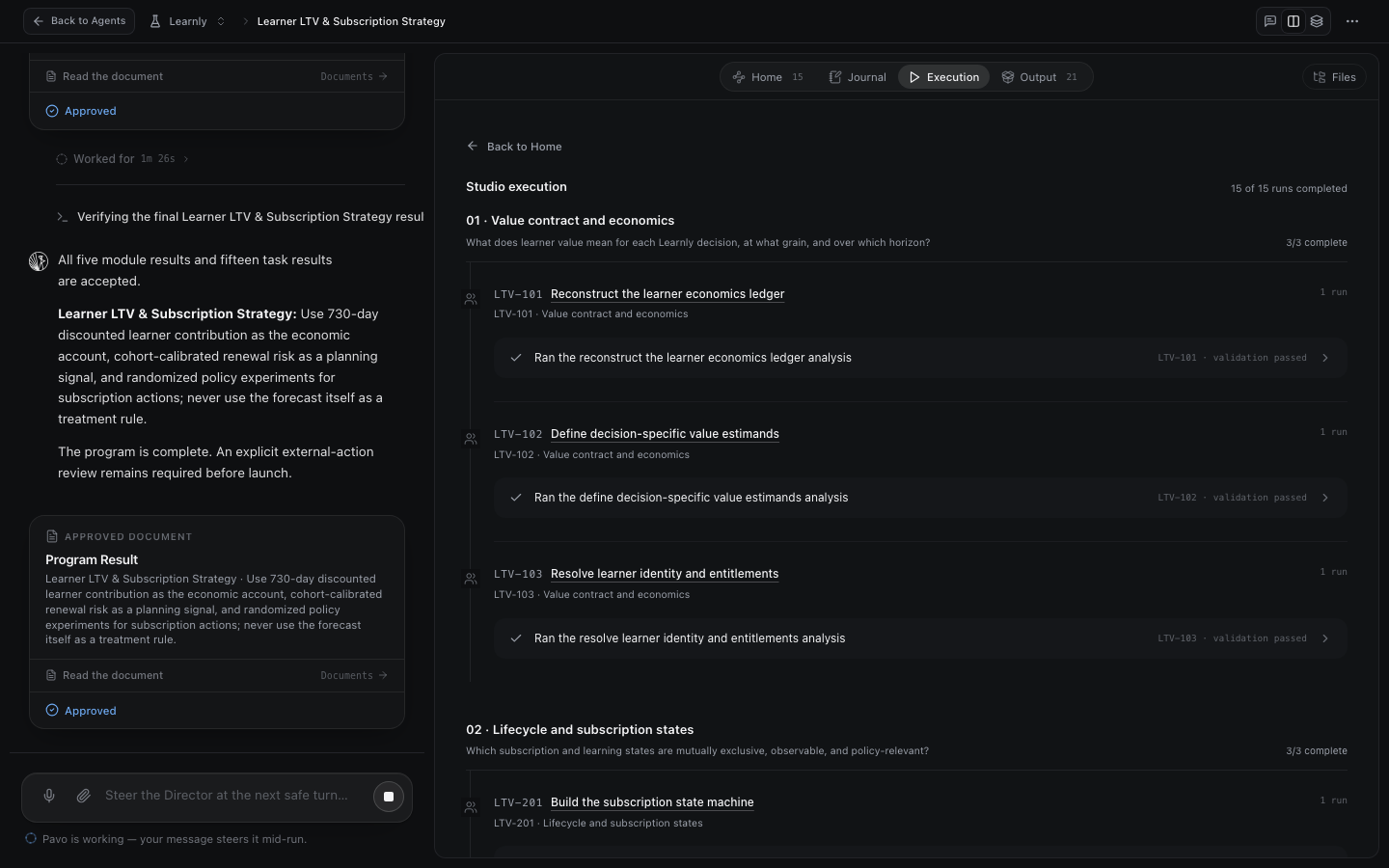 The Execution tab, showing each module's runs and their validation status