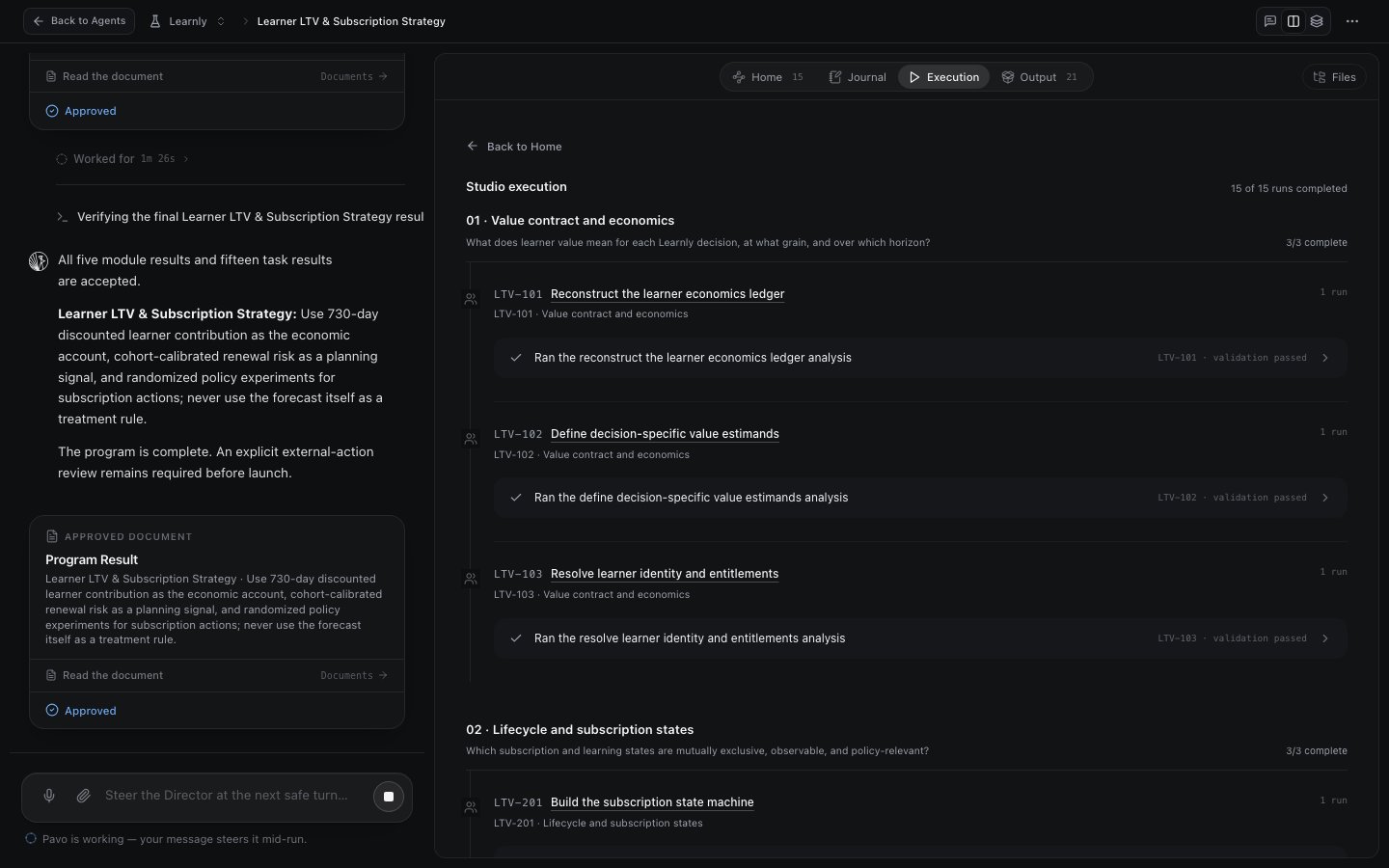 The Execution tab, showing each module's runs and their validation status