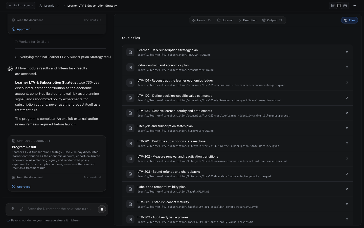 The Files tab: the studio's real tree of plans, notebooks, and datasets