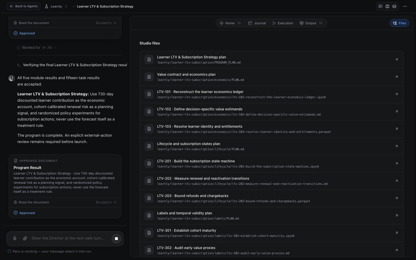 The Files tab: the studio's real tree of plans, notebooks, and datasets
