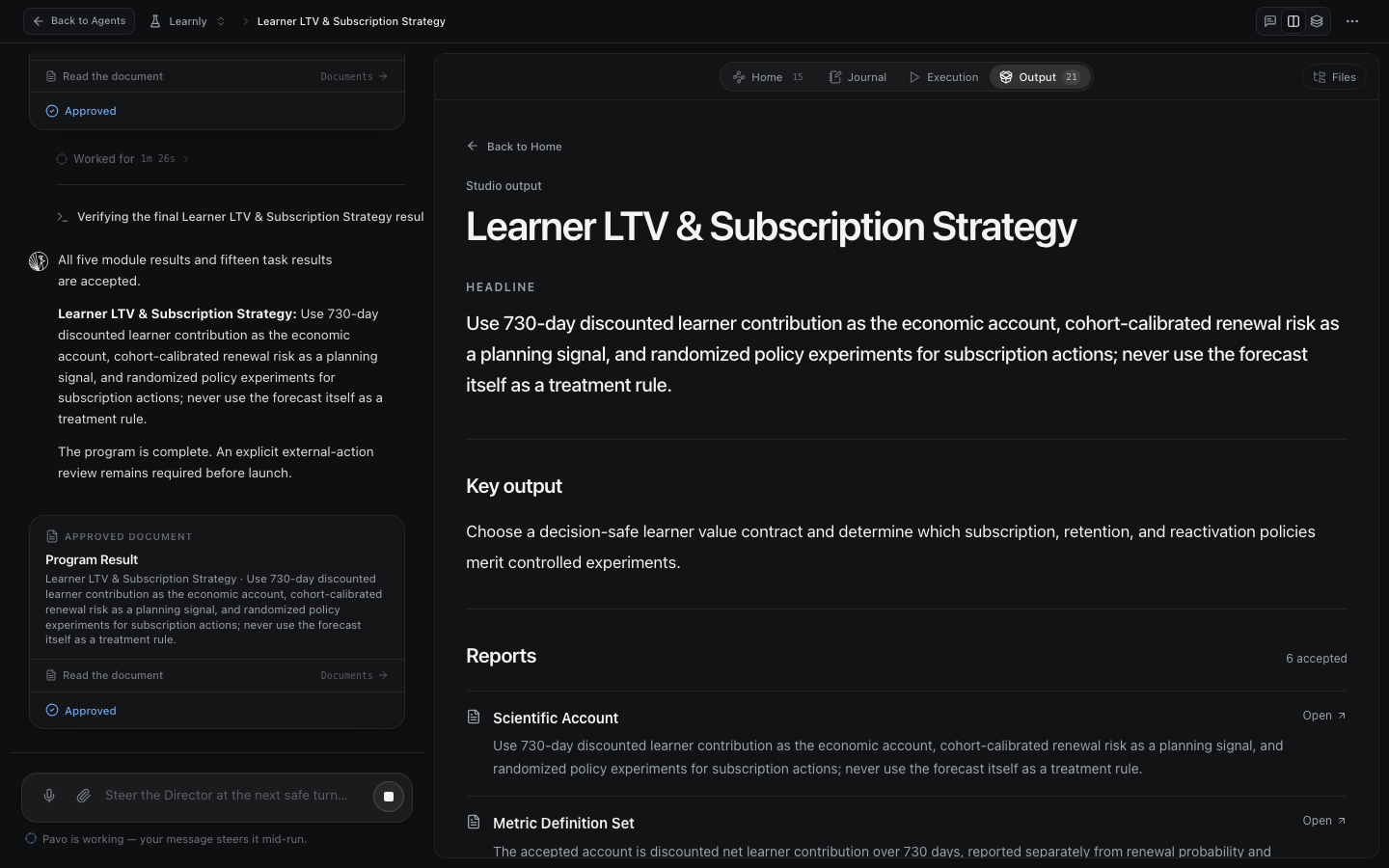 The Output tab: the program's headline, key output, and accepted reports