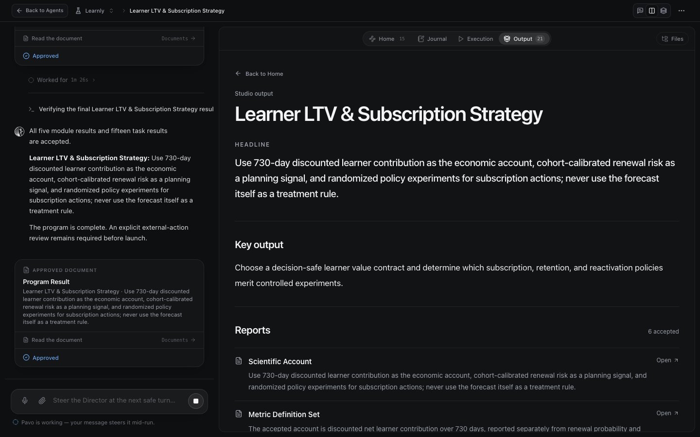 The Output tab: the program's headline, key output, and accepted reports