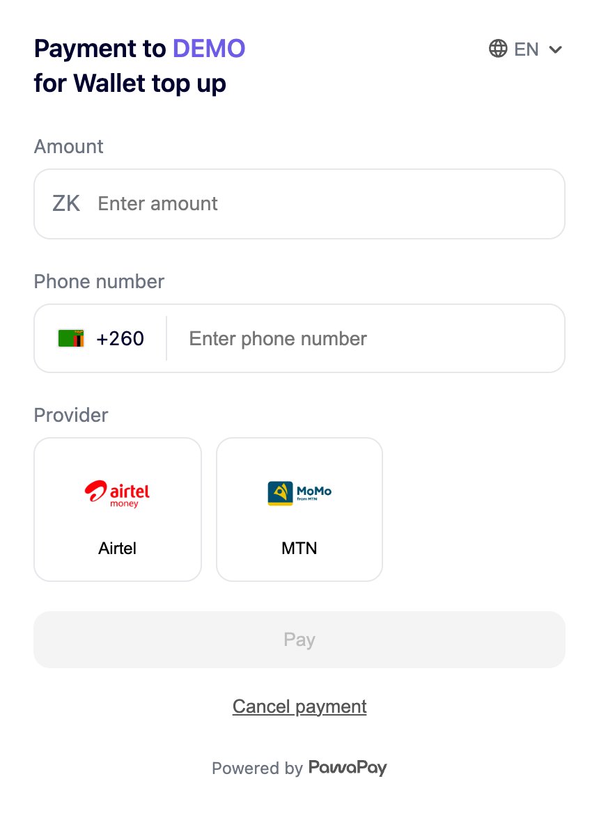 Checkout page - customer enters amount and wallet