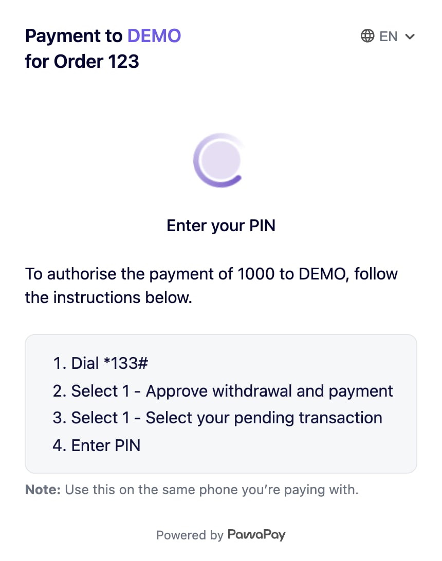 Checkout page - authorise with a PIN prompt