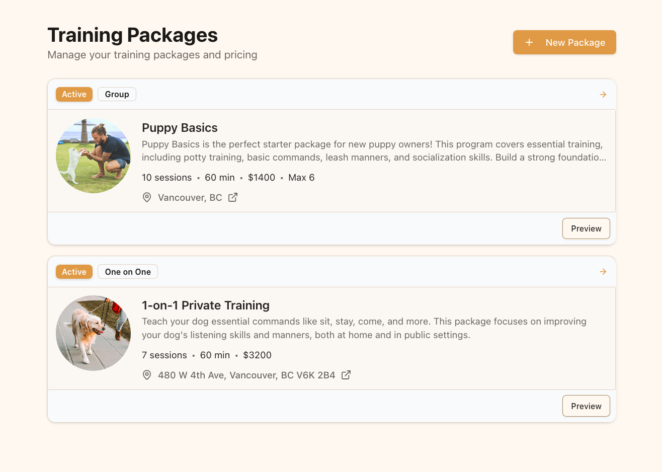 Pawgress training packages page