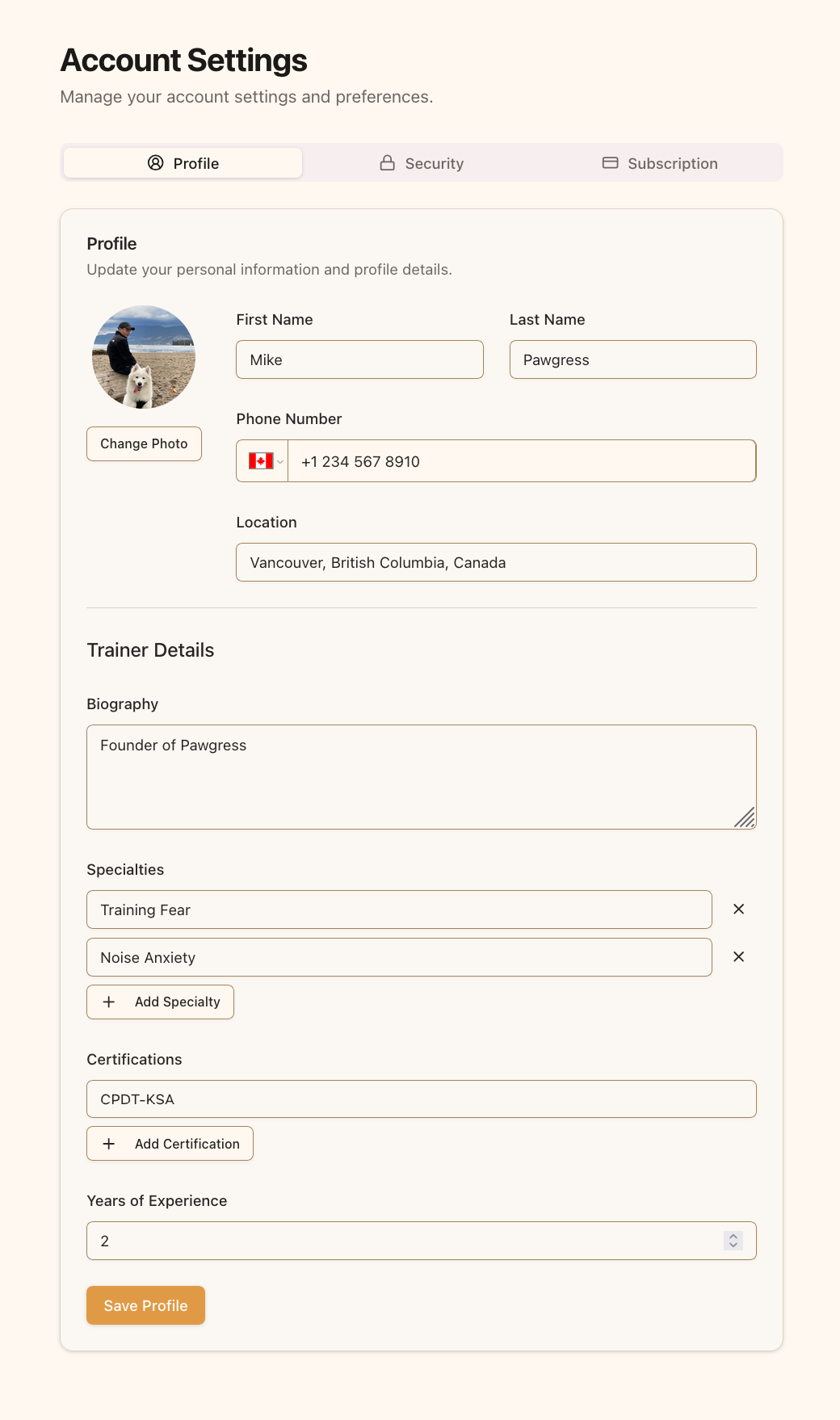 Pawgress profile page
