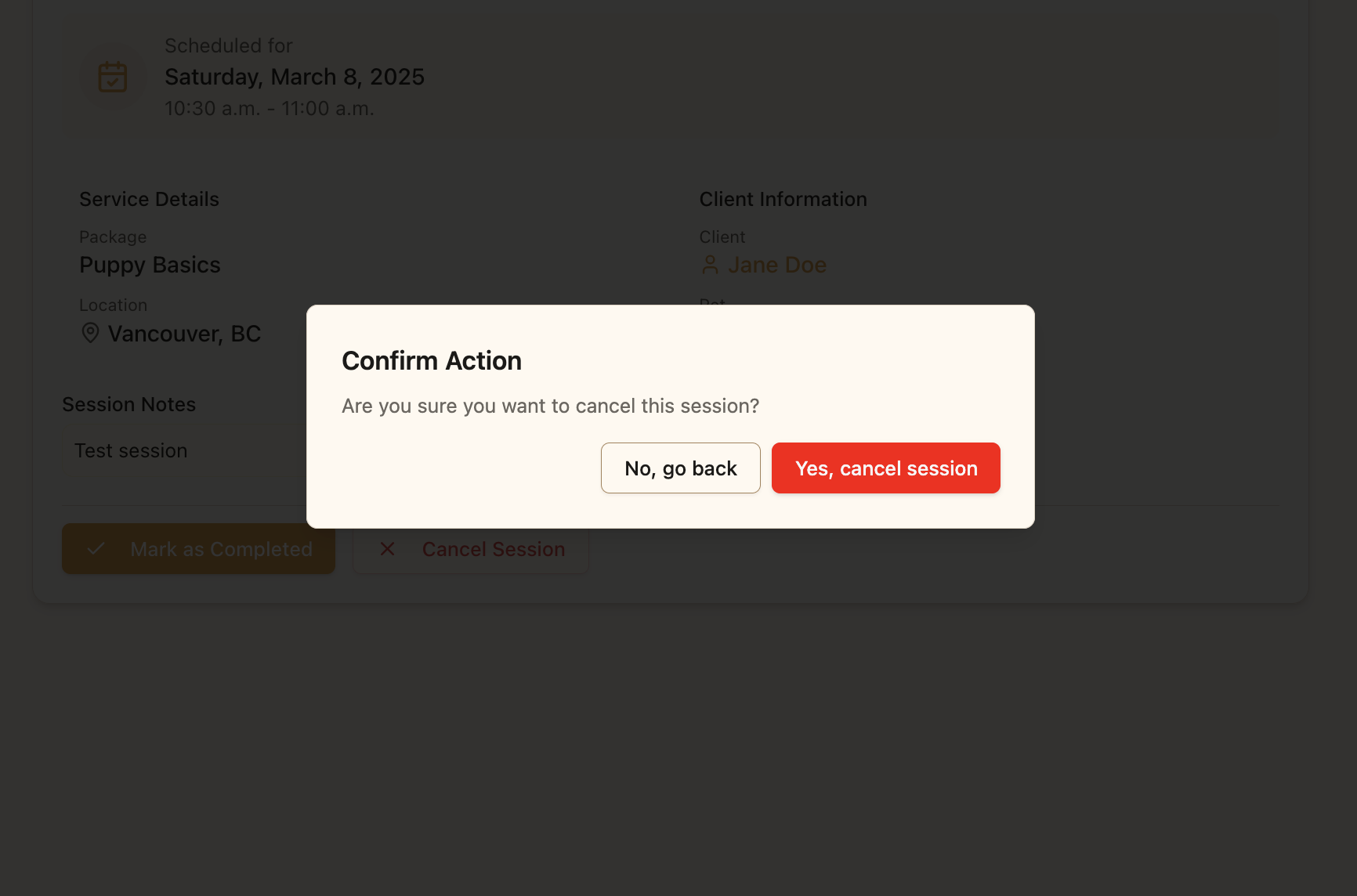 Confirmation dialog for cancellation
