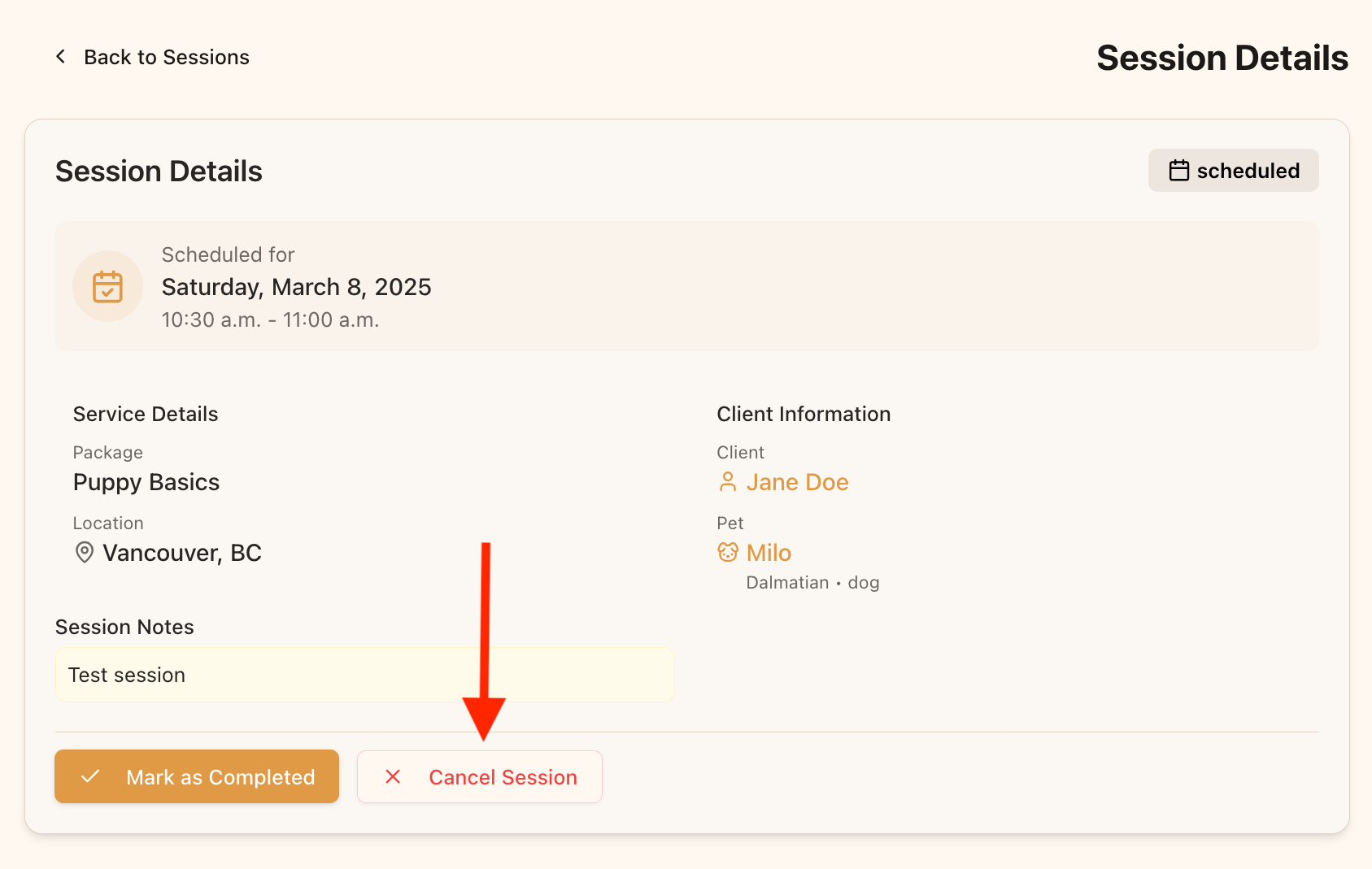 Cancel button on session card