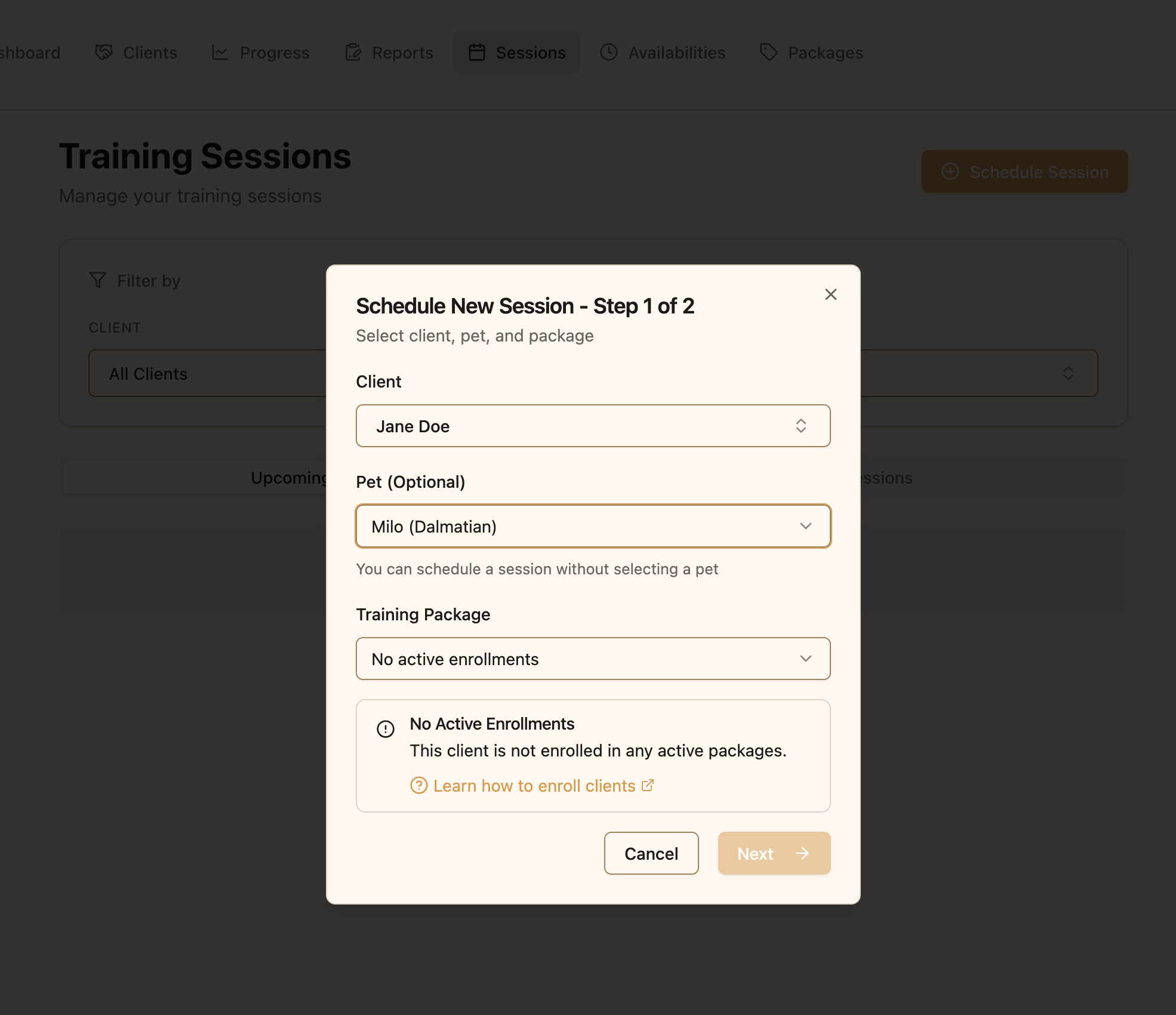 Client and pet selection dropdowns