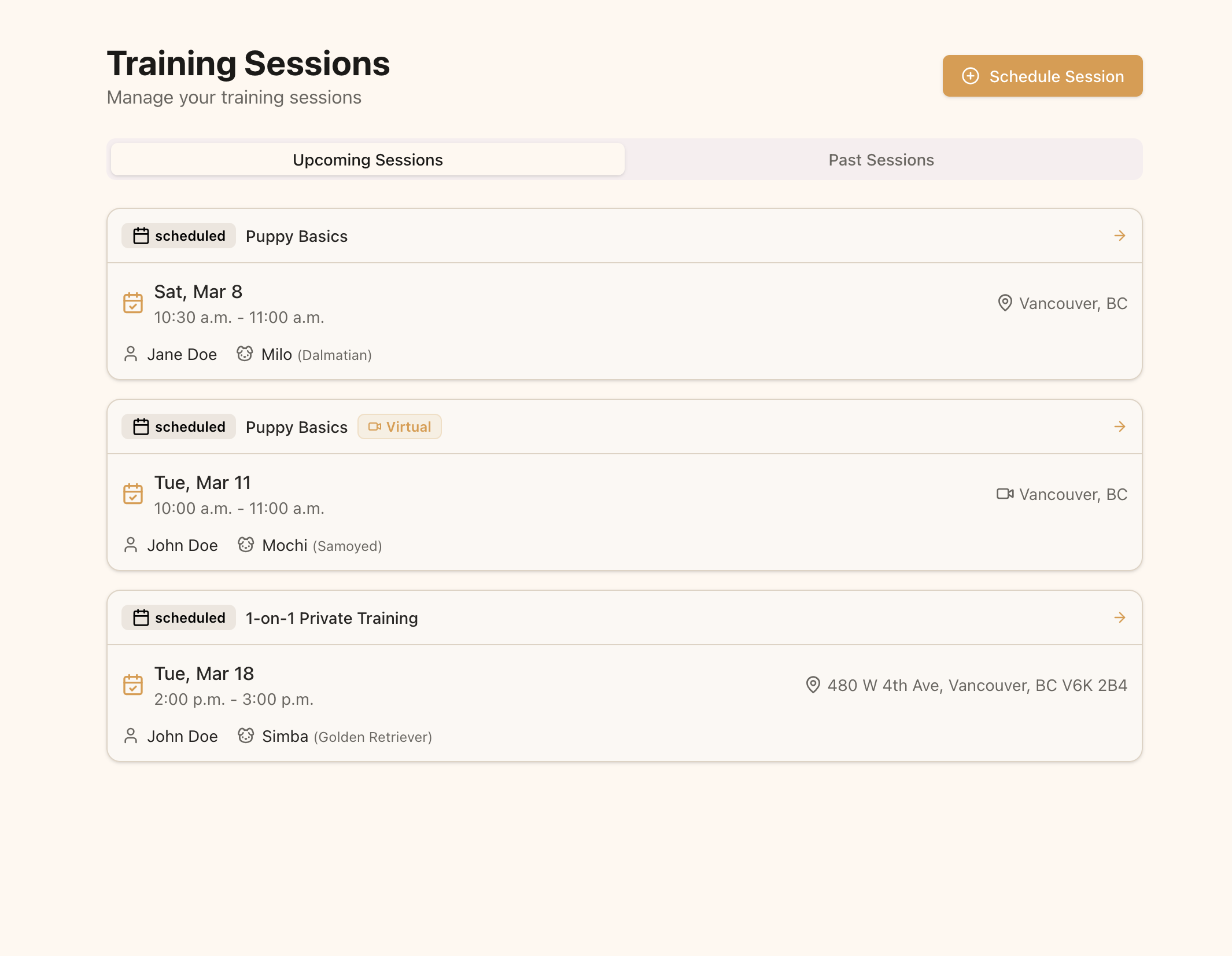 Pawgress training sessions page