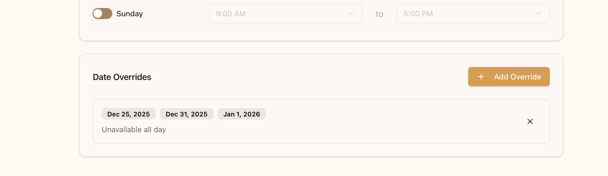 List of date overrides
