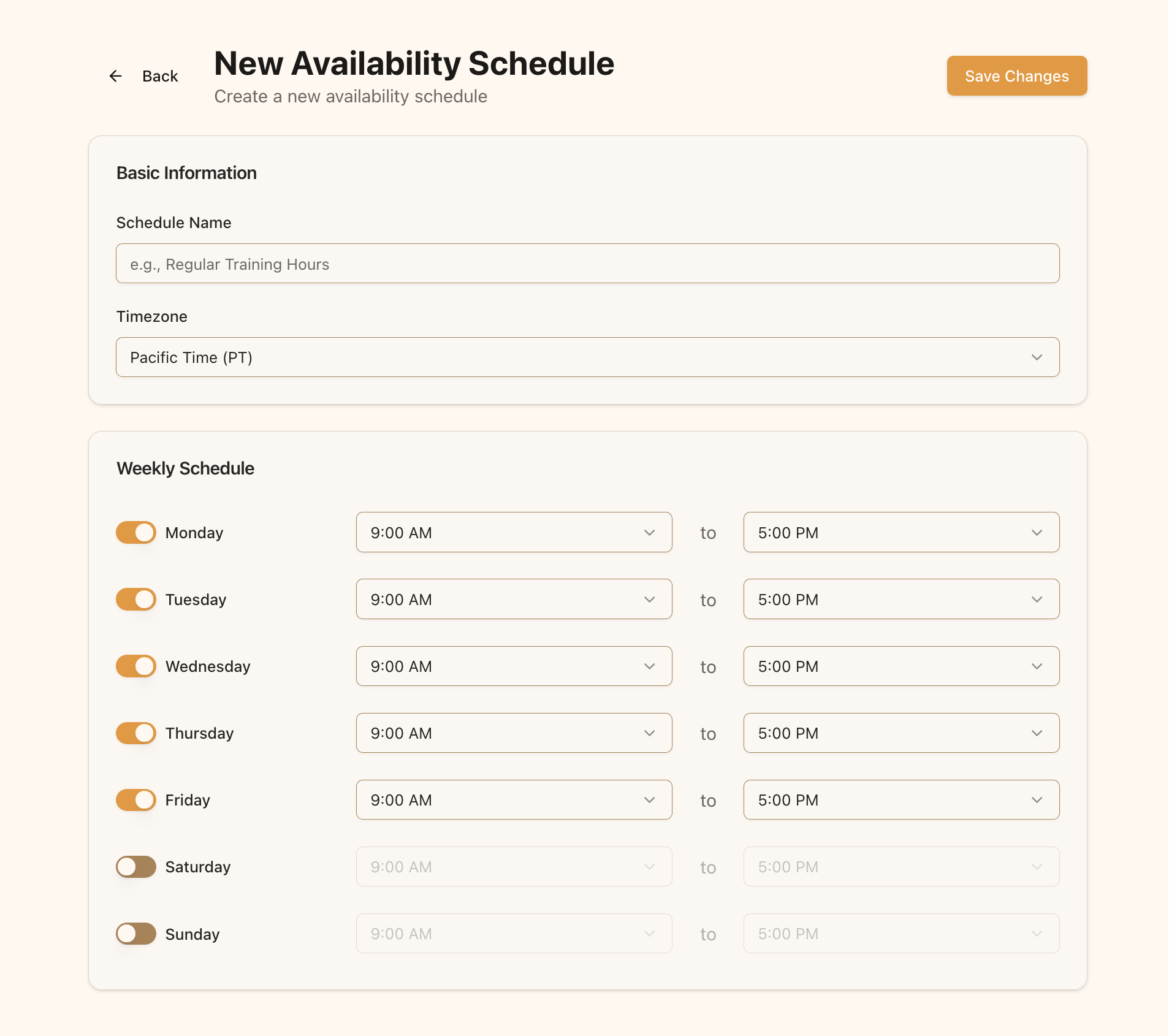 Weekly schedule configuration