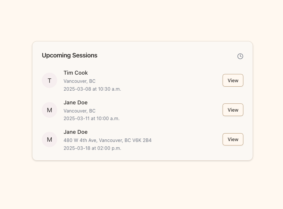Upcoming sessions card