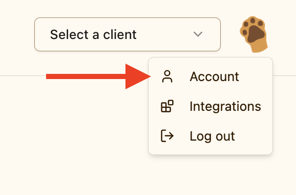Account menu dropdown showing Settings option