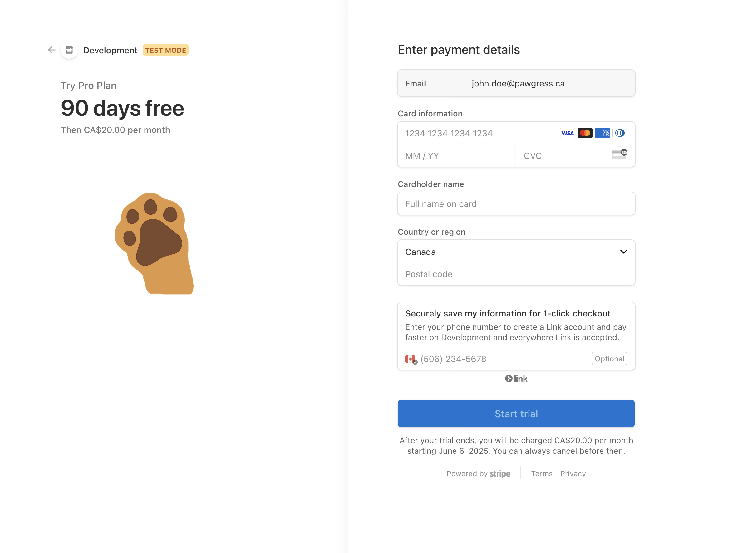 Stripe checkout page