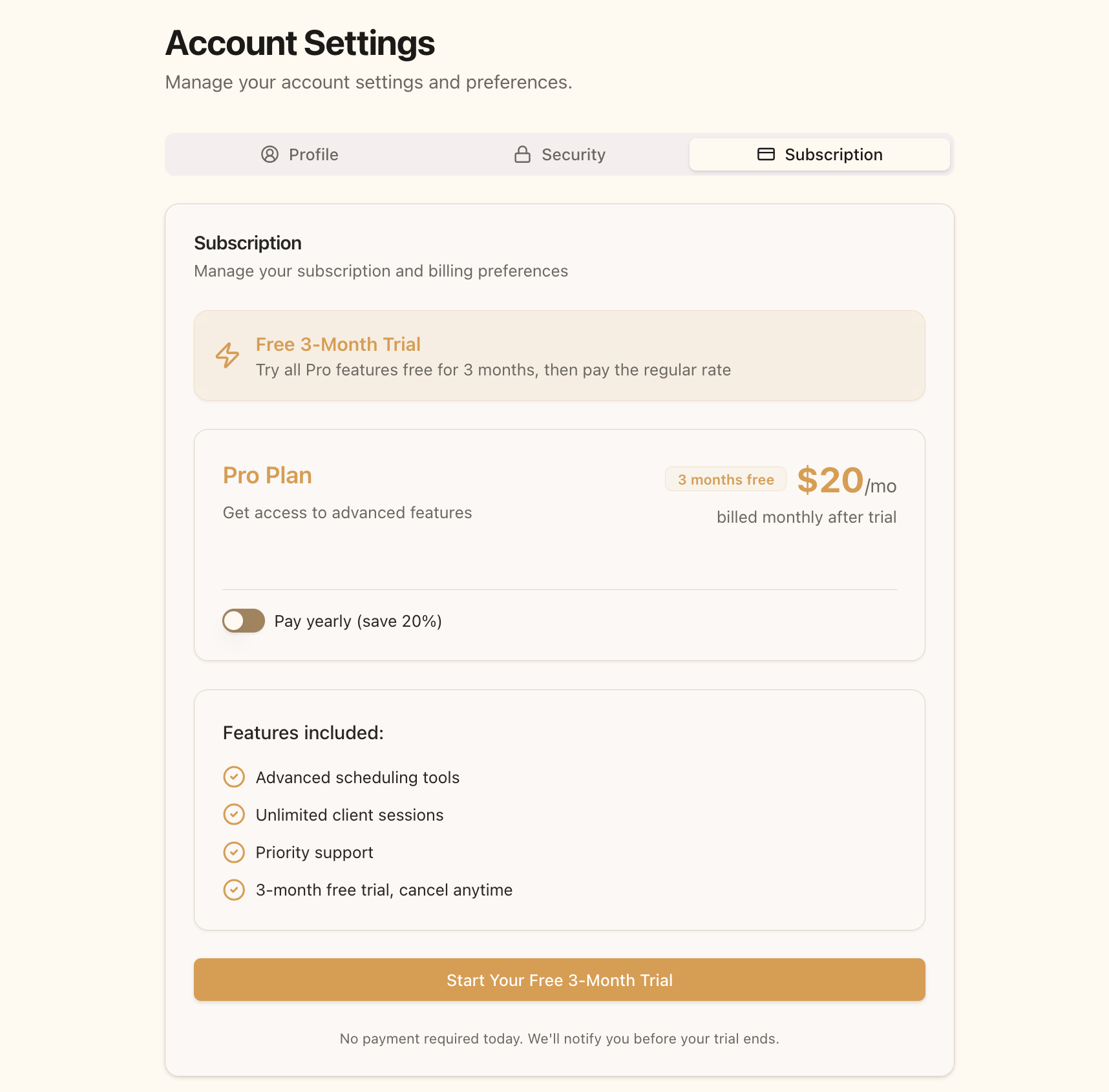 Subscription page showing Pro Plan options