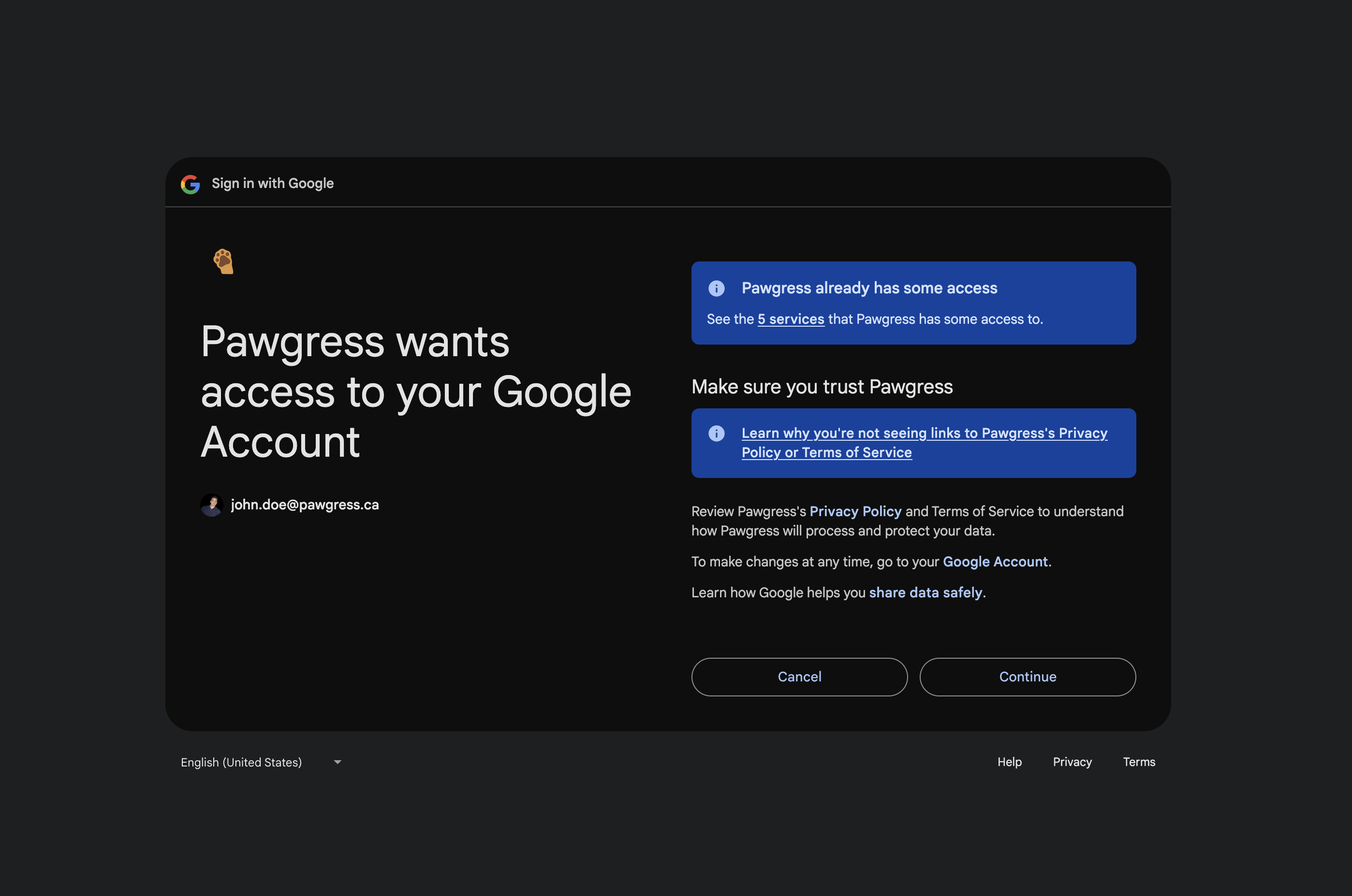 Google authentication page