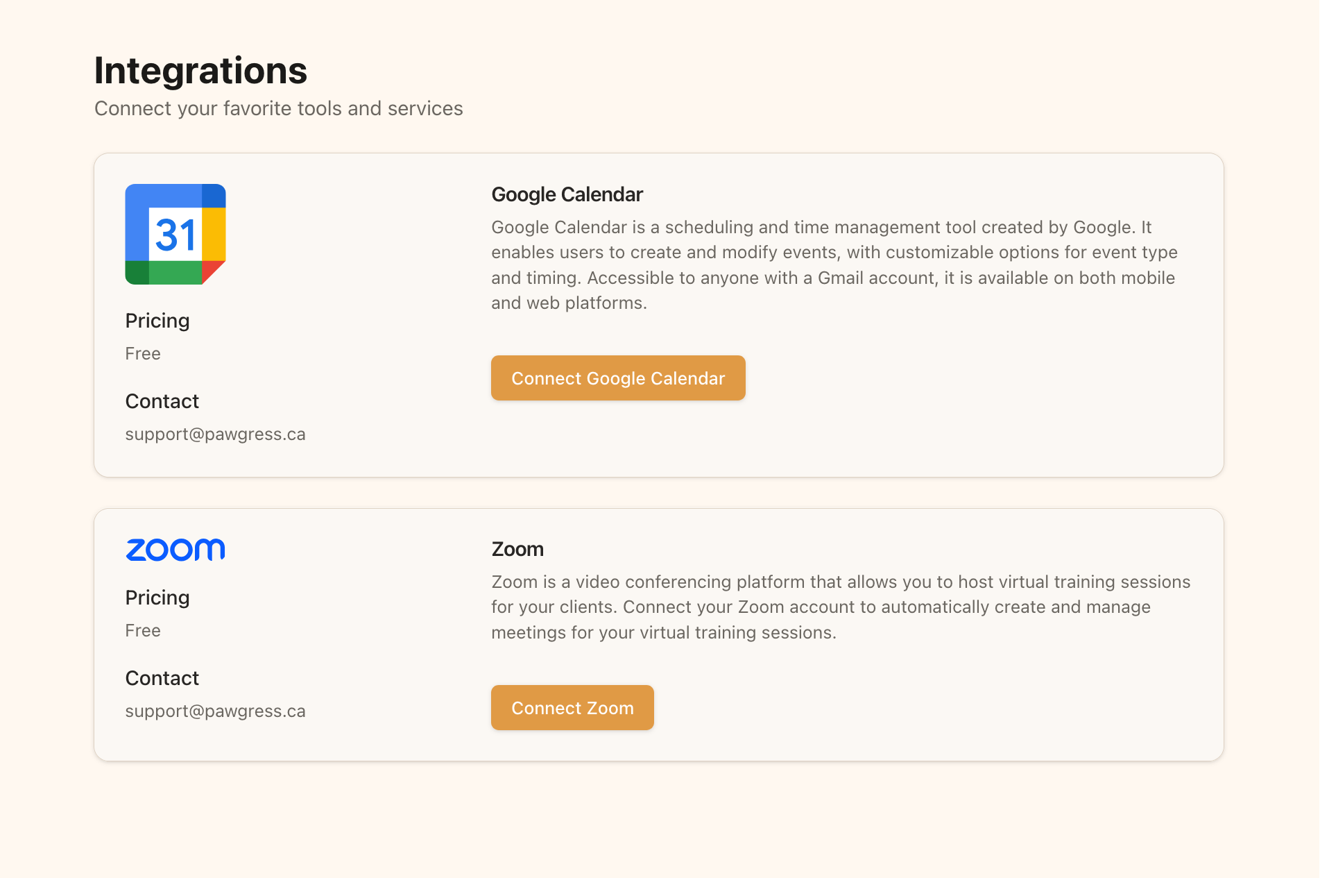 Pawgress integrations page