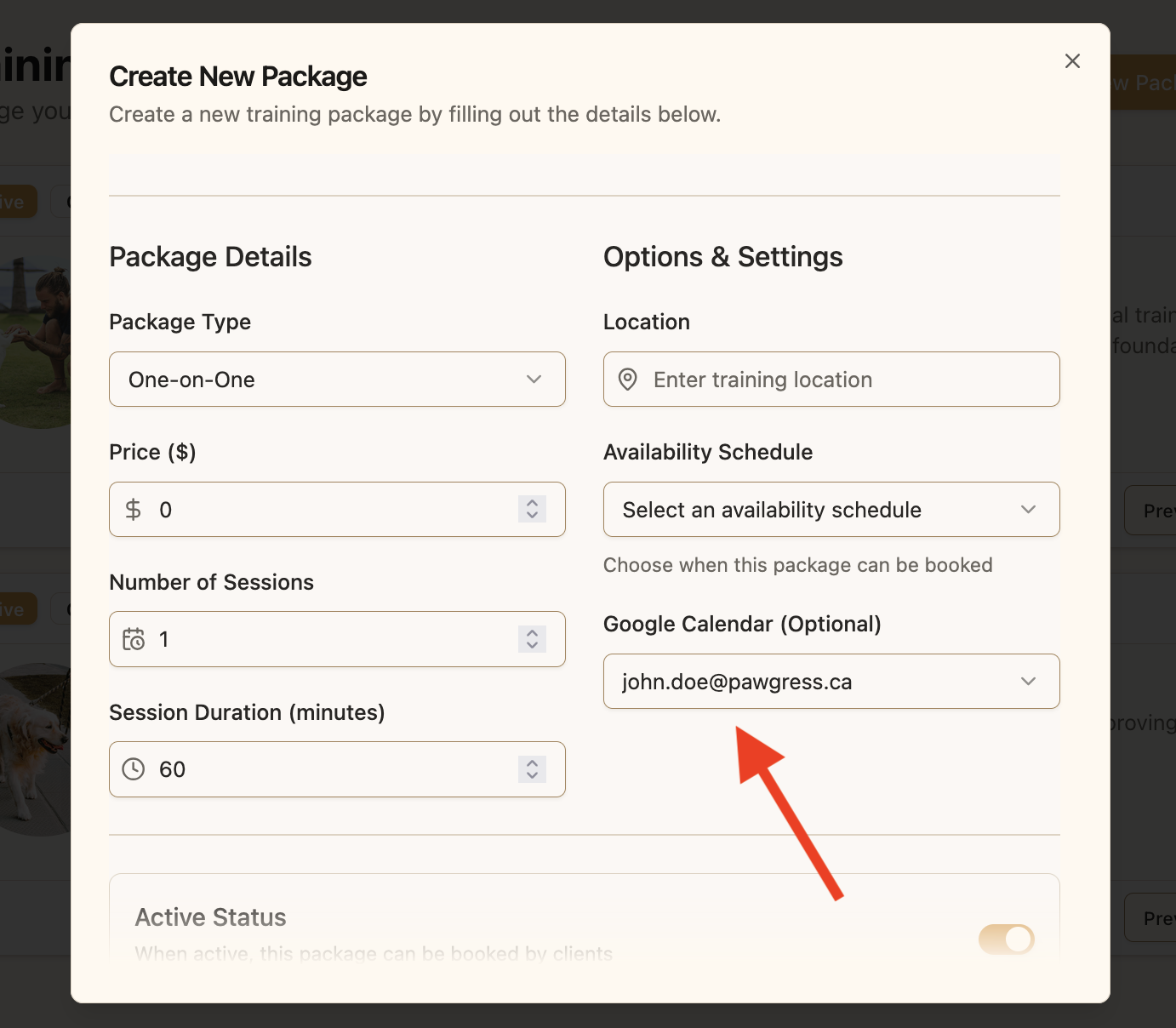 Selecting a Google Calendar in the package form