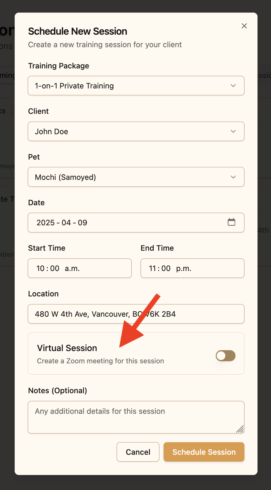 Virtual Session toggle switch