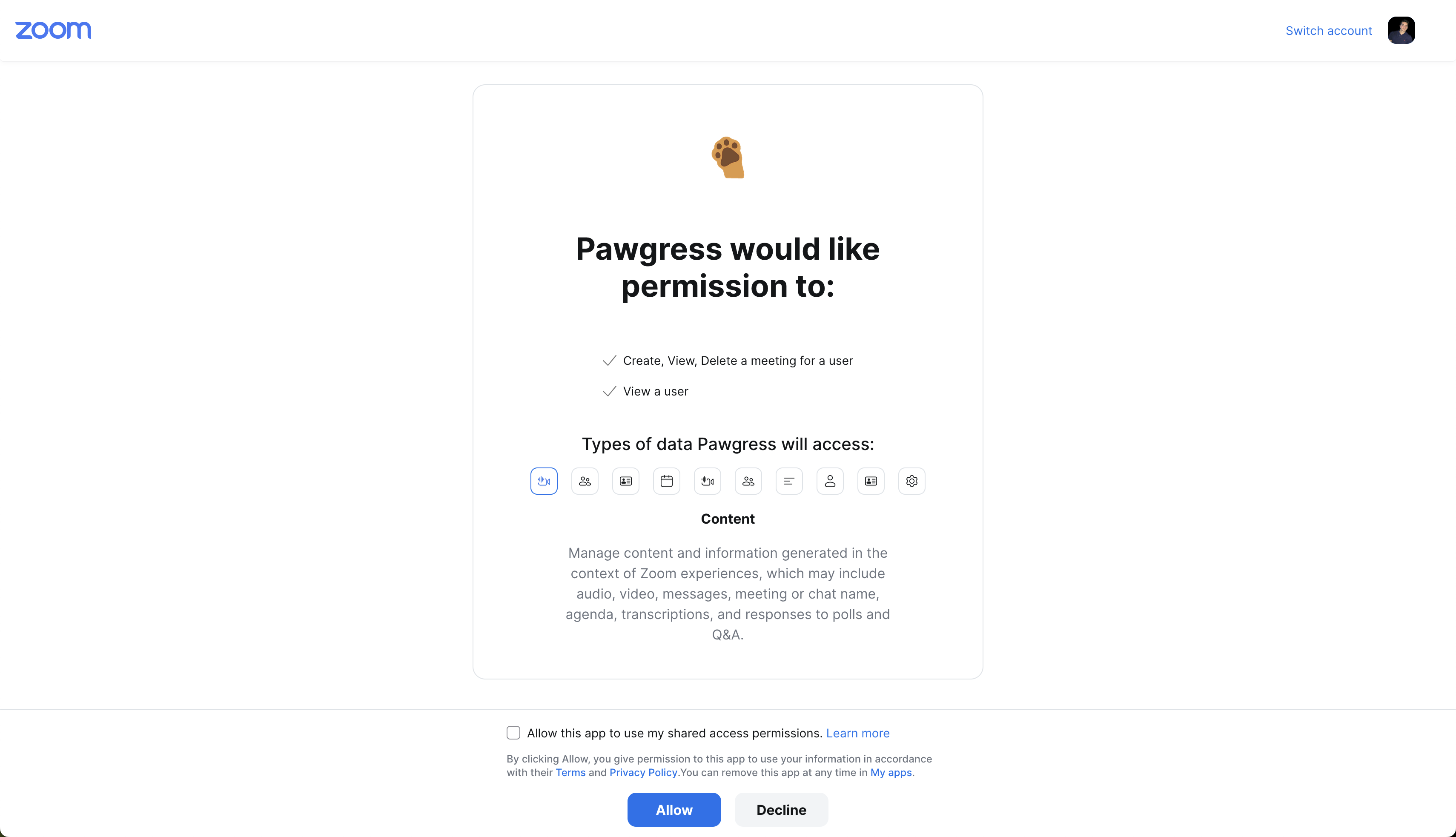 Zoom authentication page