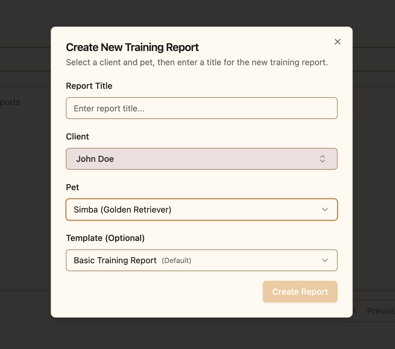 Client and pet selection in report form