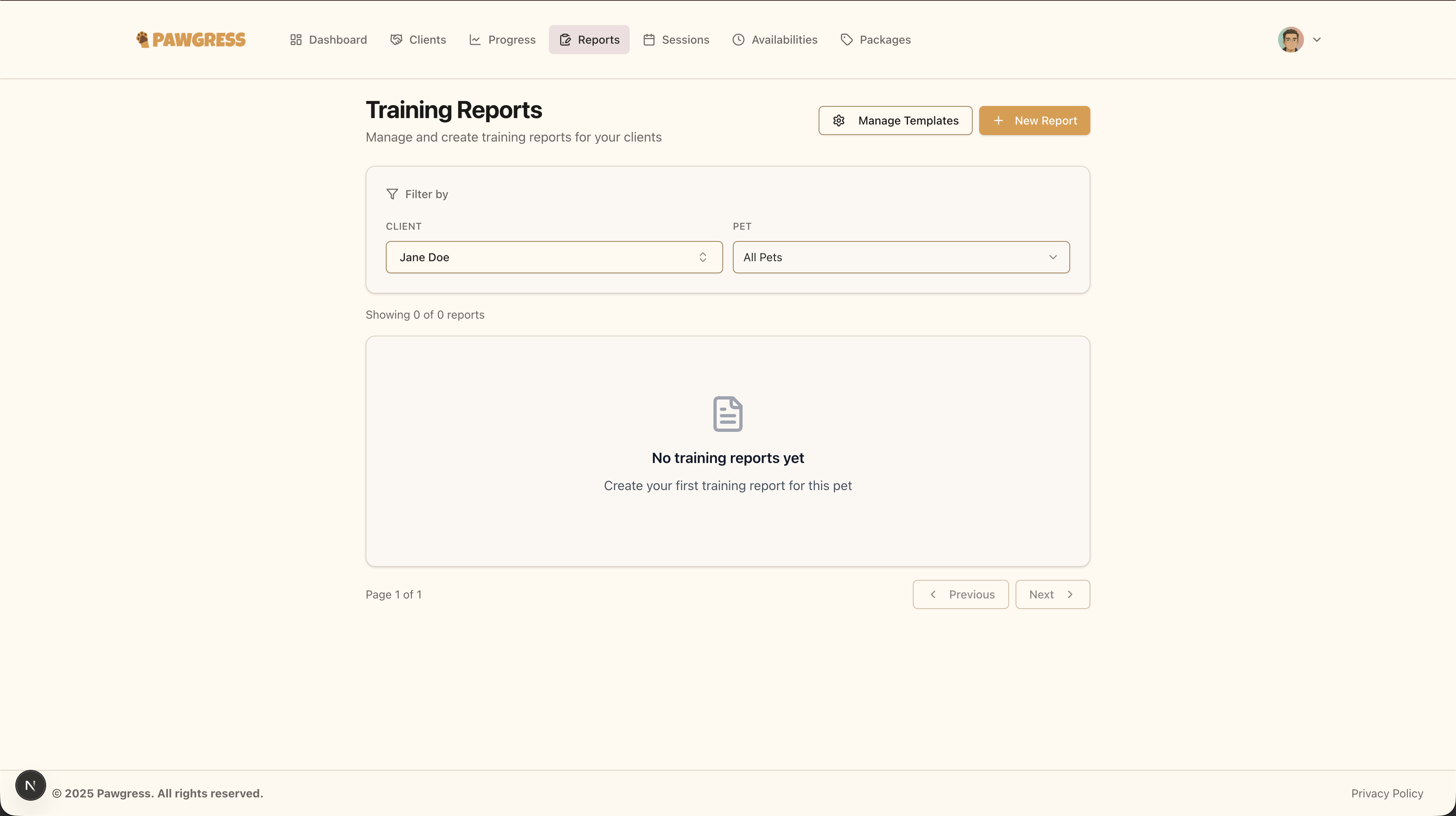 Pawgress training reports page overview