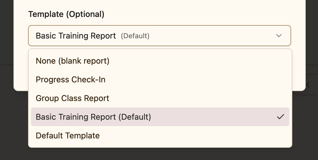 Template selection dropdown
