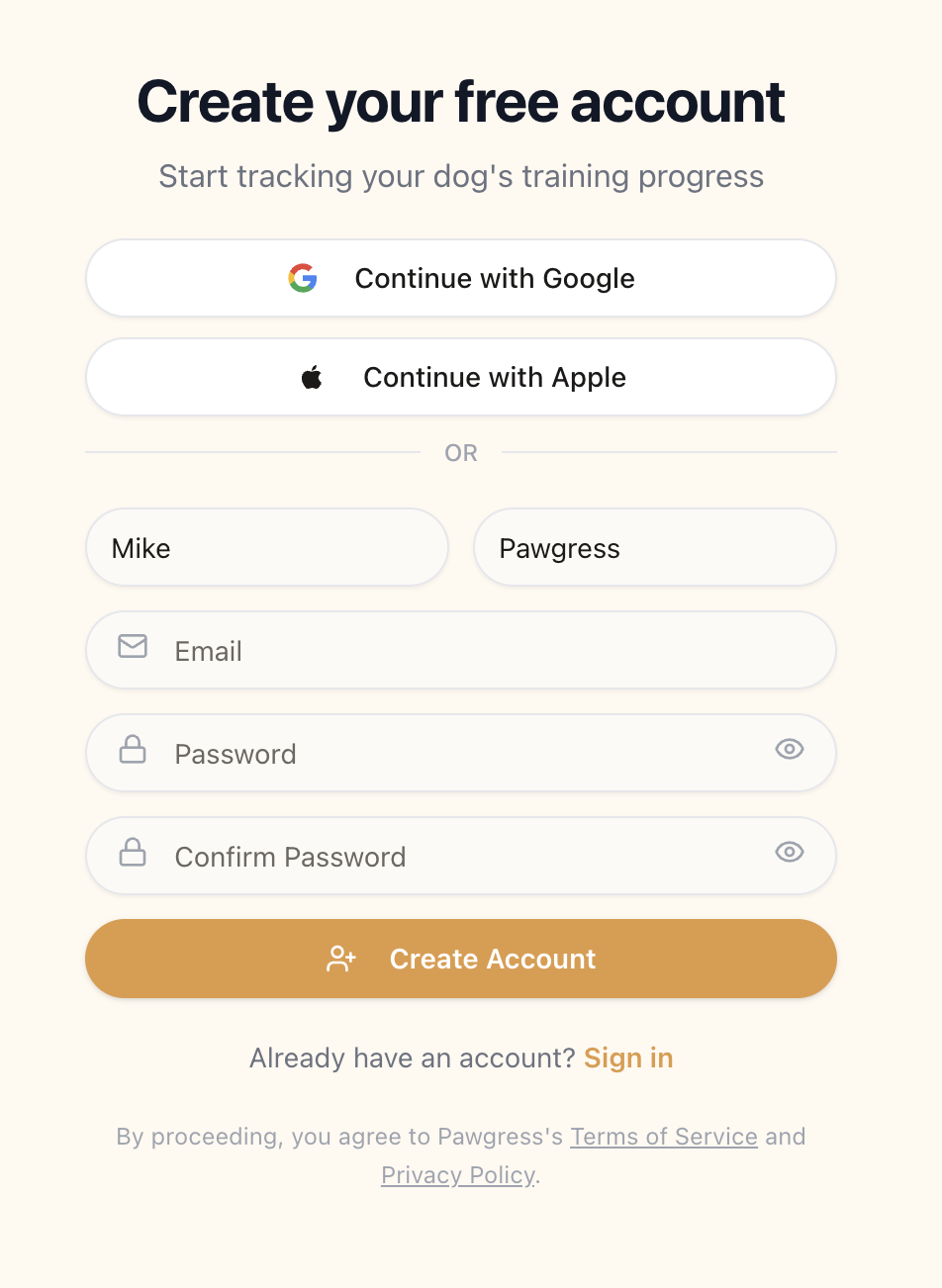 Pawgress signup form