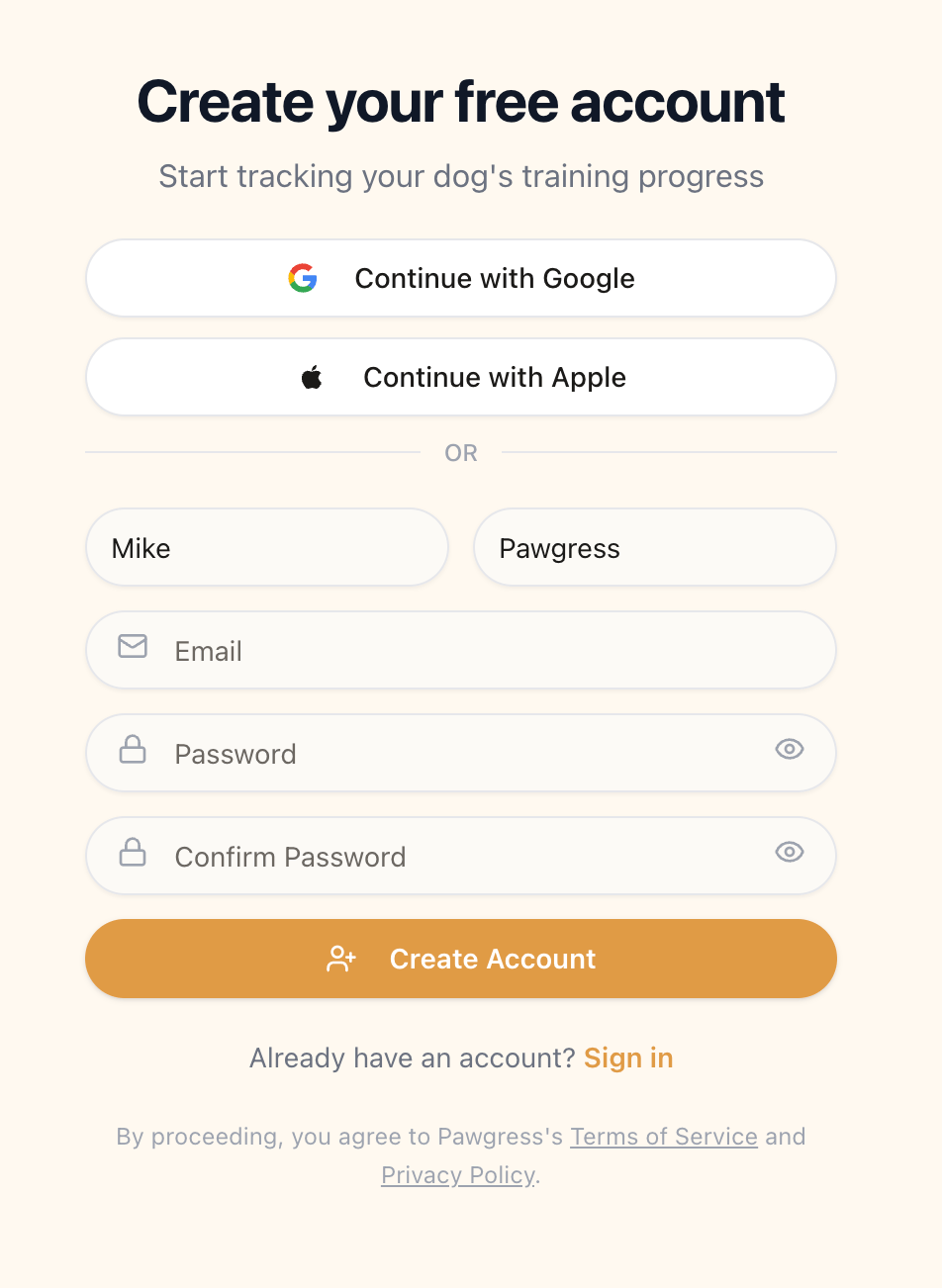Pawgress signup form