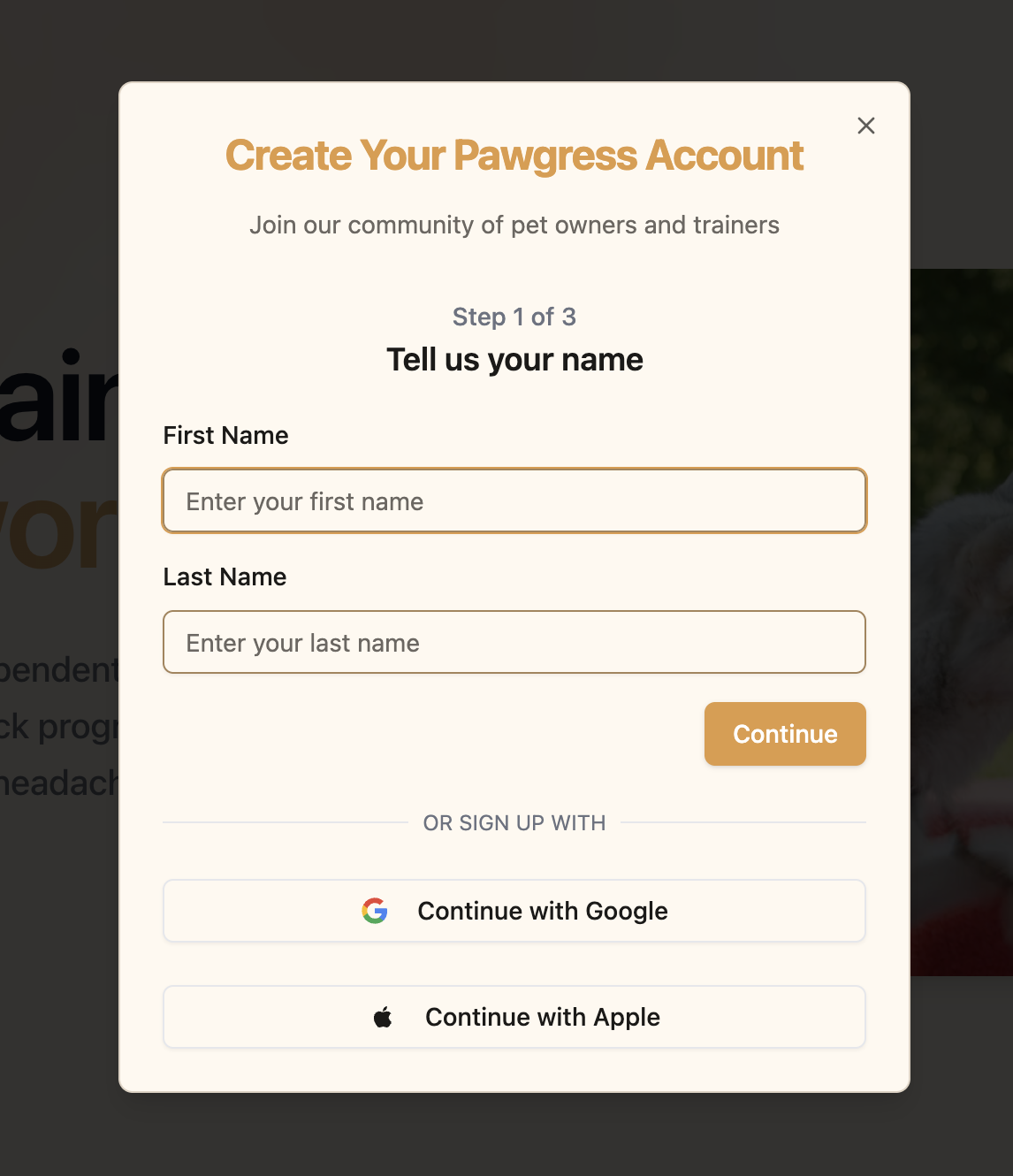 Pawgress signup form